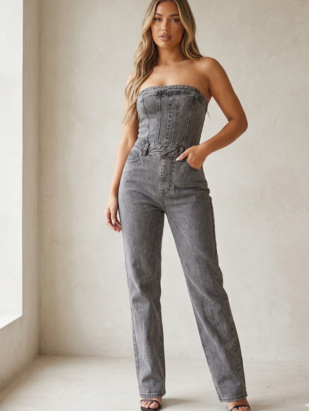 PrettyLittleThing Gray Denim Corset Jumpsuit – Size 6 | Street‑Style It‑Girl Y2K